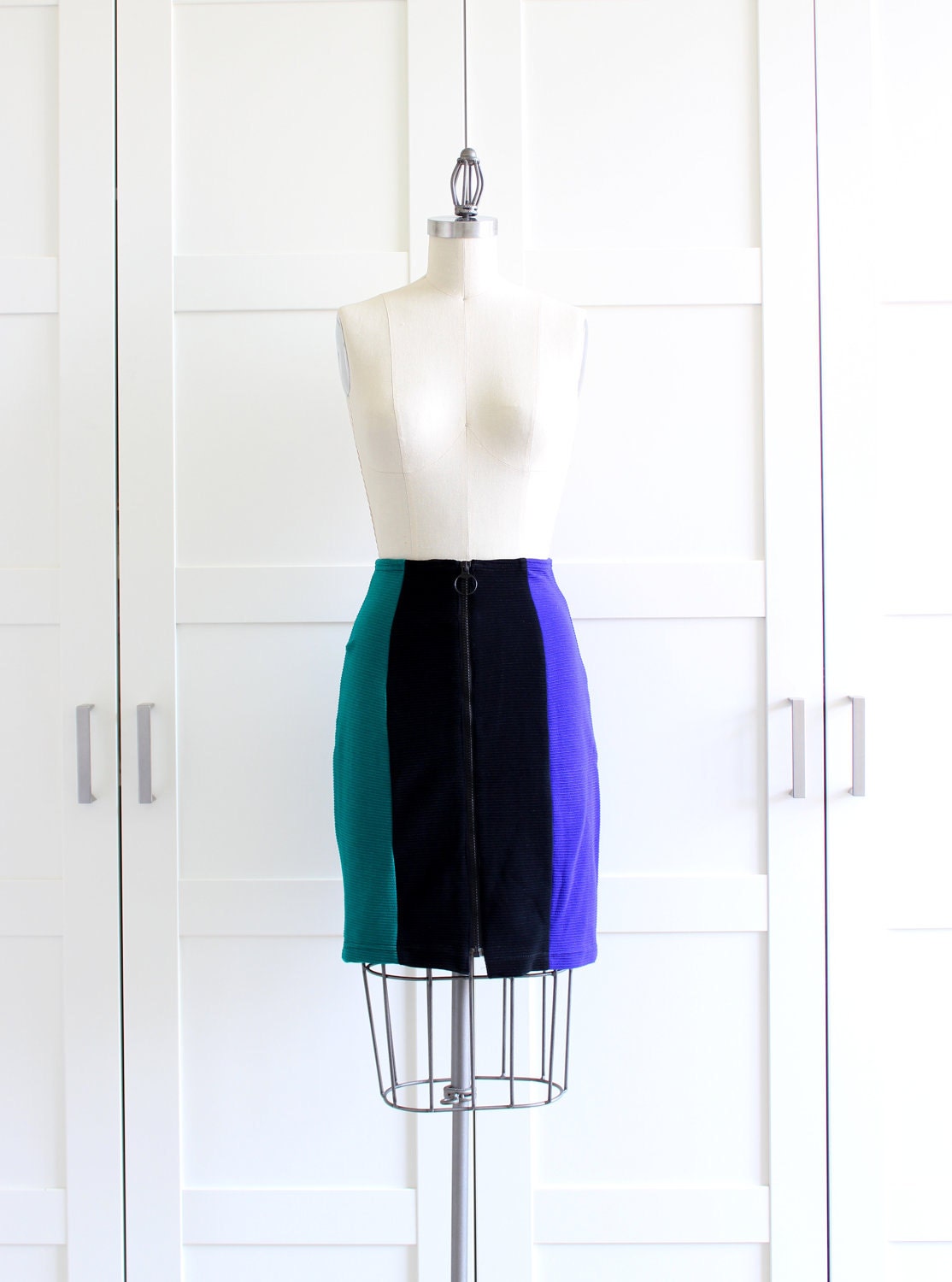 SALE - 80s Bodycon Skirt, Rocker Chic Colorblock Bandage Skirt, Zipper Front Highwaisted Pencil Skirt, size Small Medium