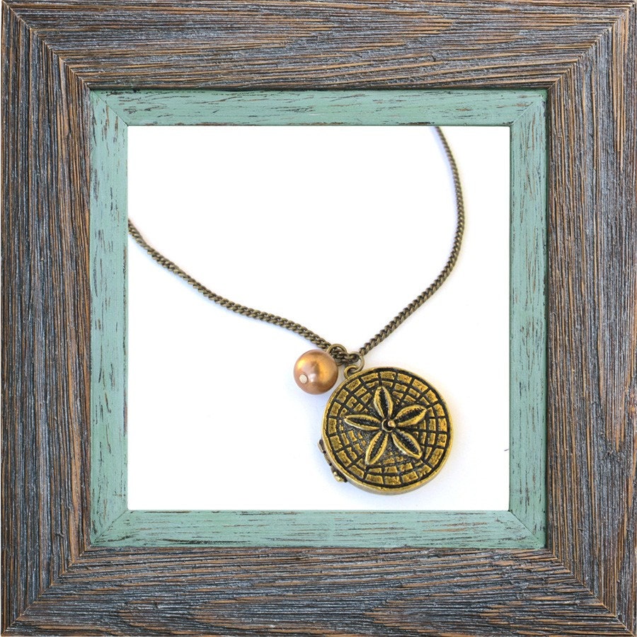 Antiqued Brass Starfish Locket Pendant, Czech Glass Pearl Dangle 18 inches Chain Necklace, DZ 005