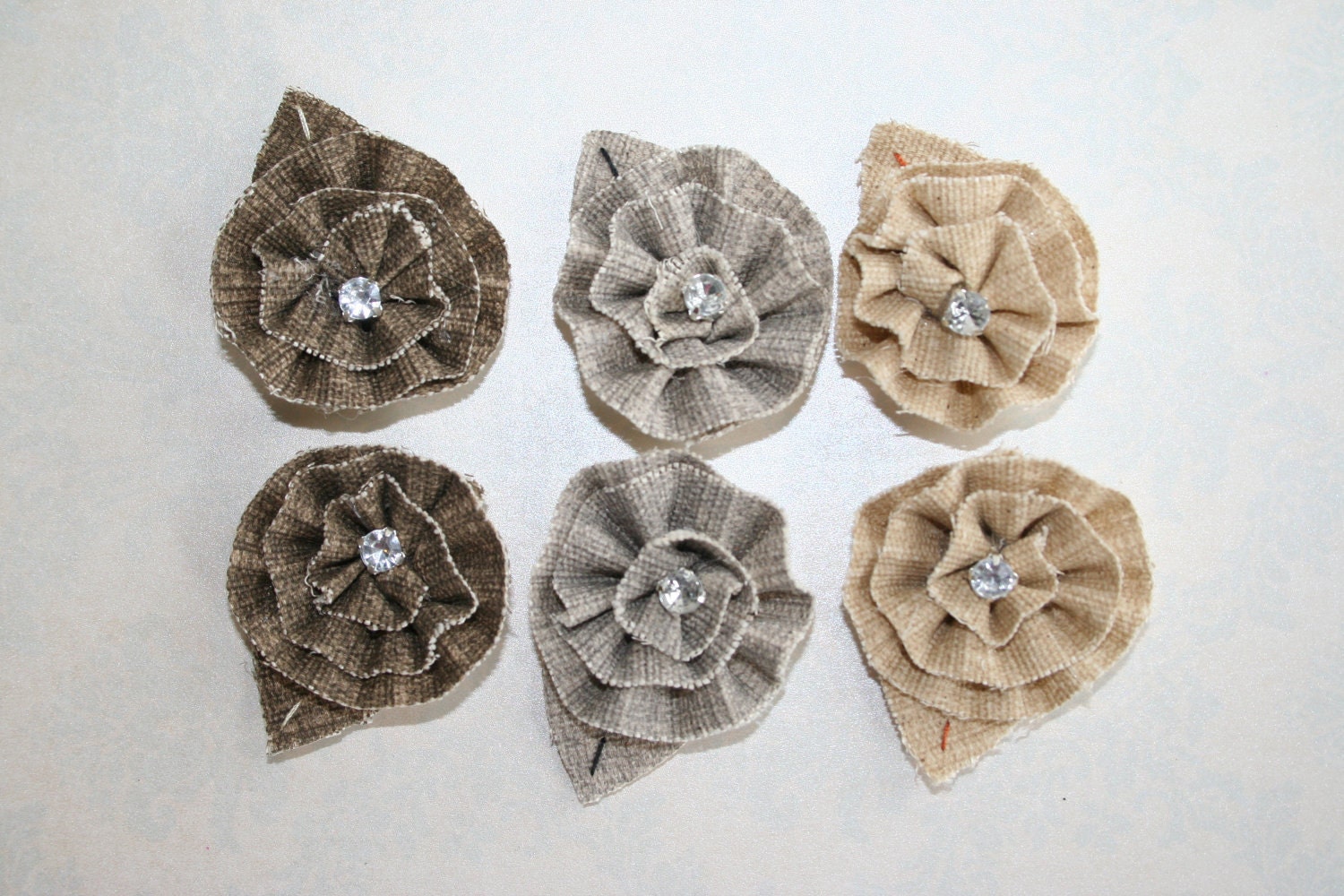 Vintage Neutrals Linen Fabric Rosettes Set of 6 Flowers 3 Colors with Rhinestone - Perfect for Headbands Hair Clip Shoe Clips Jewelry