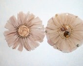 Chiffon Fabric Flowers Set of 2 Creamy Beige FLOWERS w/ multi beads and pearl bead accents - Perfect for Headbands or Scrapbooking