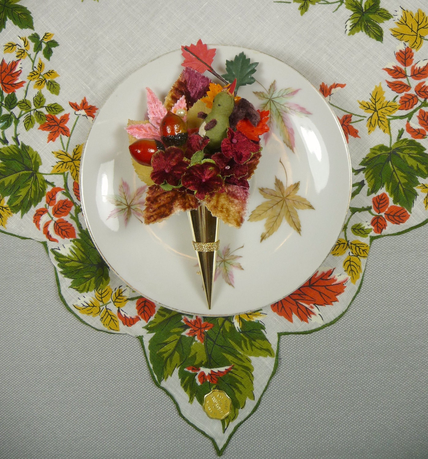 Vintage Teacup & Saucer Leaves with Hankie and Tussie Mussie Corsage Pin Gift Set Squirrel Nuts Half Price Sale
