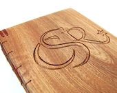 custom carved monogram wedding guest book or journal wood covers anniversary gift - personalized rustic - made to order