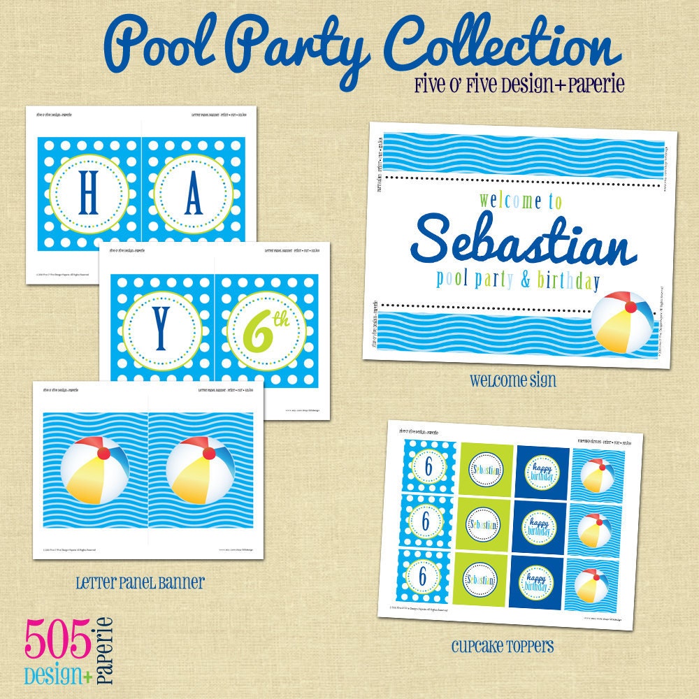 Pool Party Birthday Decorations Printable Party Package by 505 Design Paperie Il_570xn