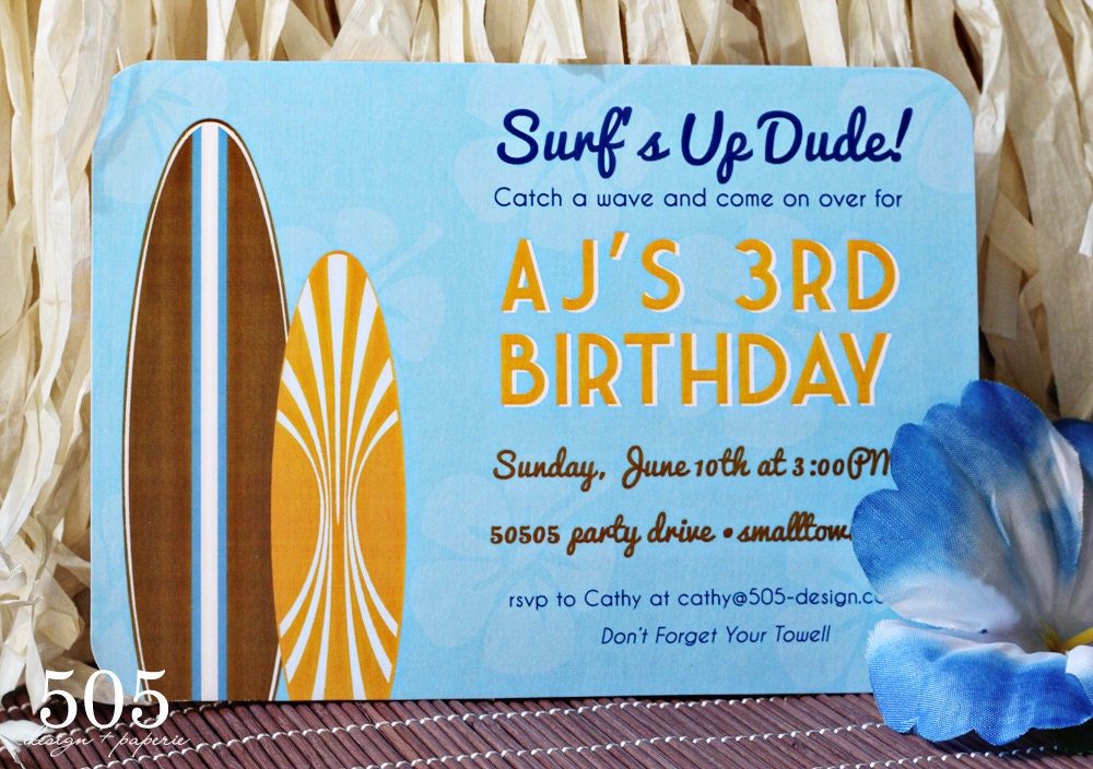 Printable Surfing Invitation by 505 Design Paperie - Surfs Up Invitation