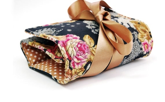 Make up bag organizer in black flower, Makeup roll, Cosmetics holder, five pockets Makeup bag