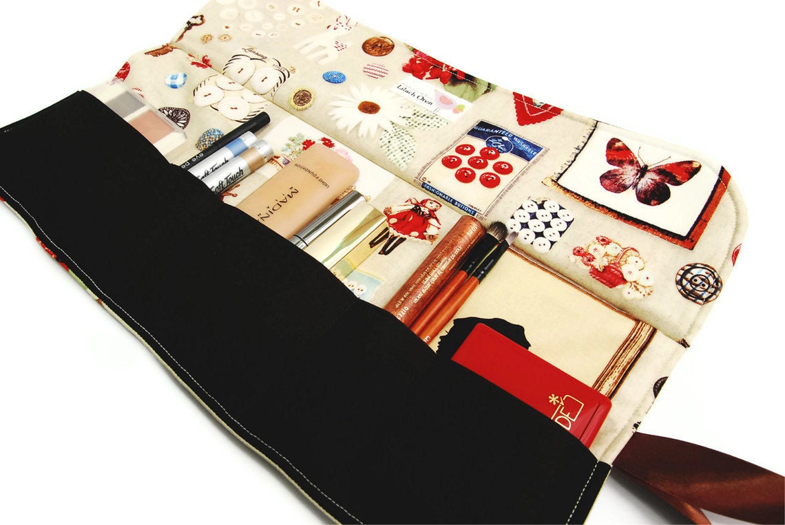Make up bag organizer in vintage beige, Makeup roll, Cosmetic pouch, gift for her