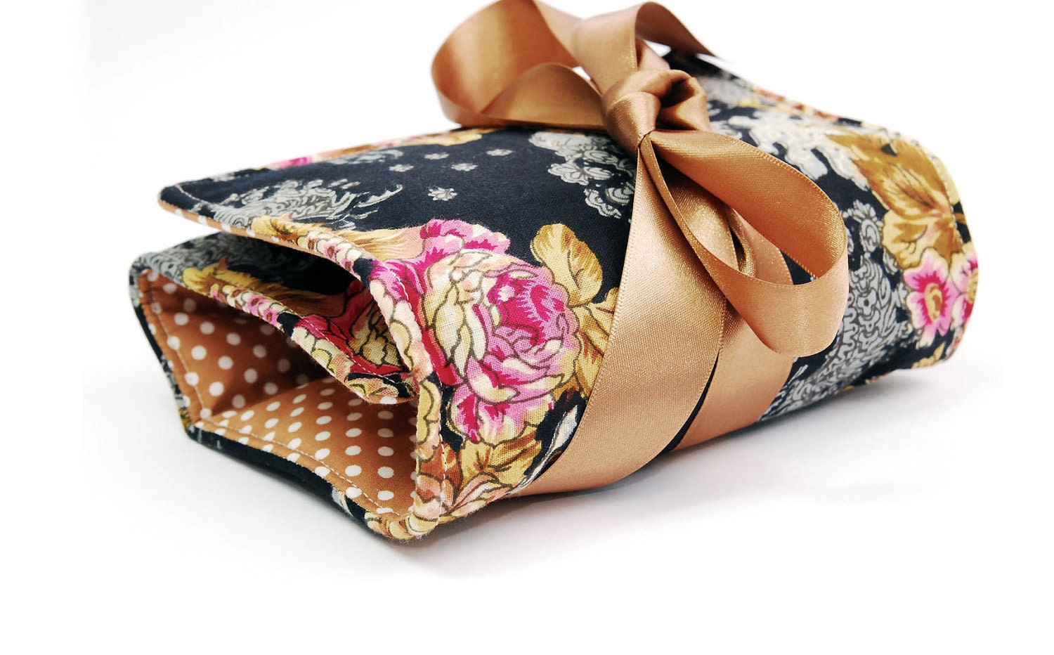 Make up bag organizer in black flower, Makeup roll, Cosmetics holder, five pockets Makeup bag