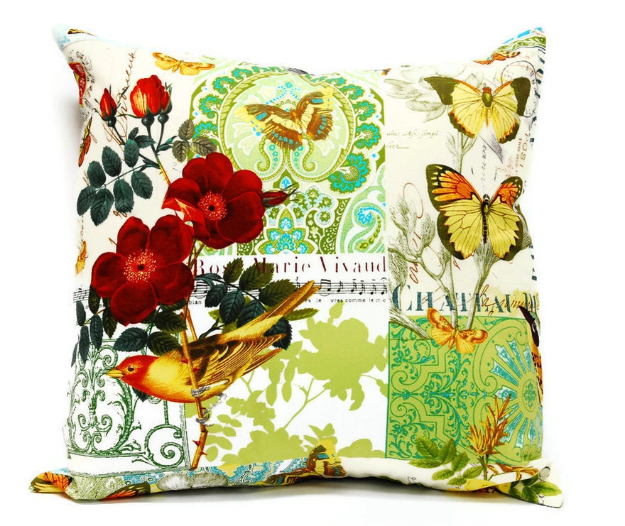 Birds and Flowers - Decorative Pillow cover, 18" x 18" cushion cover, throw pillow, envelope closure