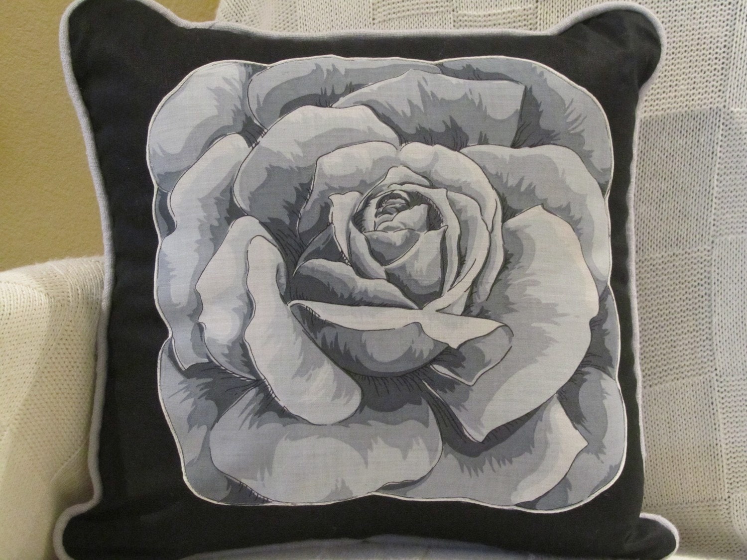 Smoky blue rose hanky pillow cover only- housewares, home decor, retro, rocker, repurpose, winter pillow, winter,black rose, rose