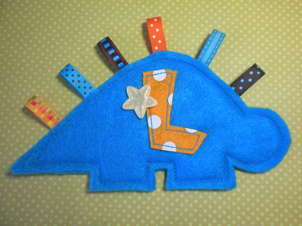DINOSAUR Crinkle Tag Toy For Your Baby Boy - You Choose Color & Letter