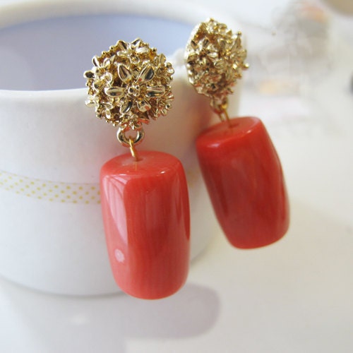 Coral gemstone earrings, natural orange bamboo coral earrings, gemstone jewelry gift , free jewelry case - FARRAgem