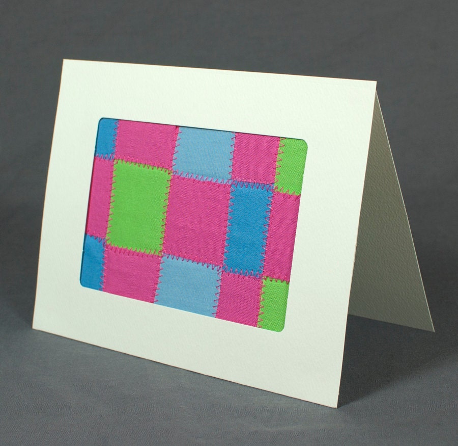 Pink Green and Blue Woven Quilt Handmade Greeting Card - Fabric Greeting Card - Framed Mini Quilt - Modern Quilt Card
