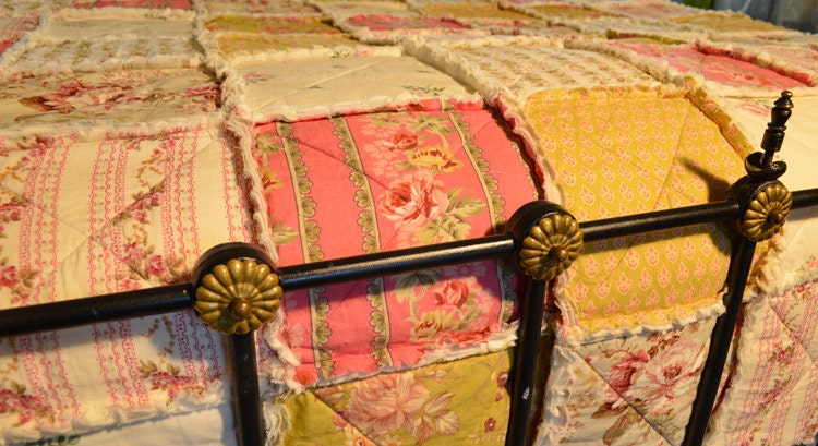 Shabby Chic Rag Quilt, Early Summer, green, pink with ivory colored backing.