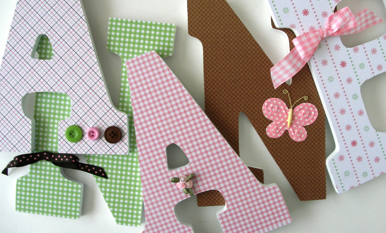 Custom Decorated Wooden Letters PINK BROWN & GREEN Nursery Bedroom Home Décor, Wall Decorations, Wood Letters, Personalized