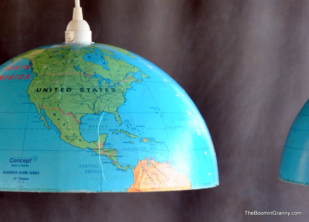 Amazing Pair of Pendant Lights Made From Extra Large World Globe