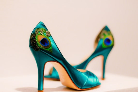 Teal Satin Pleated Peep Toe Peacock Pumps ... ANY SIZE