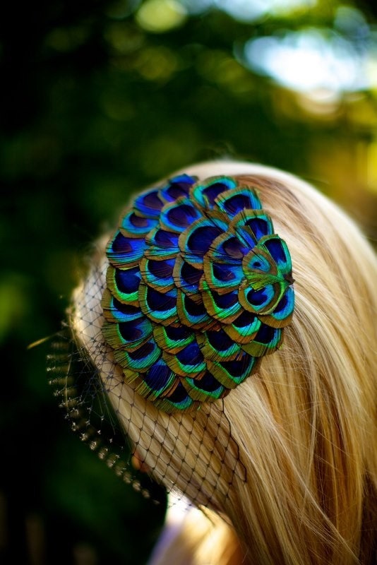 Minerva ... Peacock Fascinator with Black Birdcage Veil