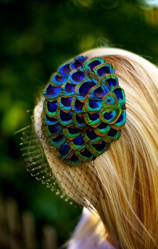 Minerva ... Peacock Fascinator with Black Birdcage Veil
