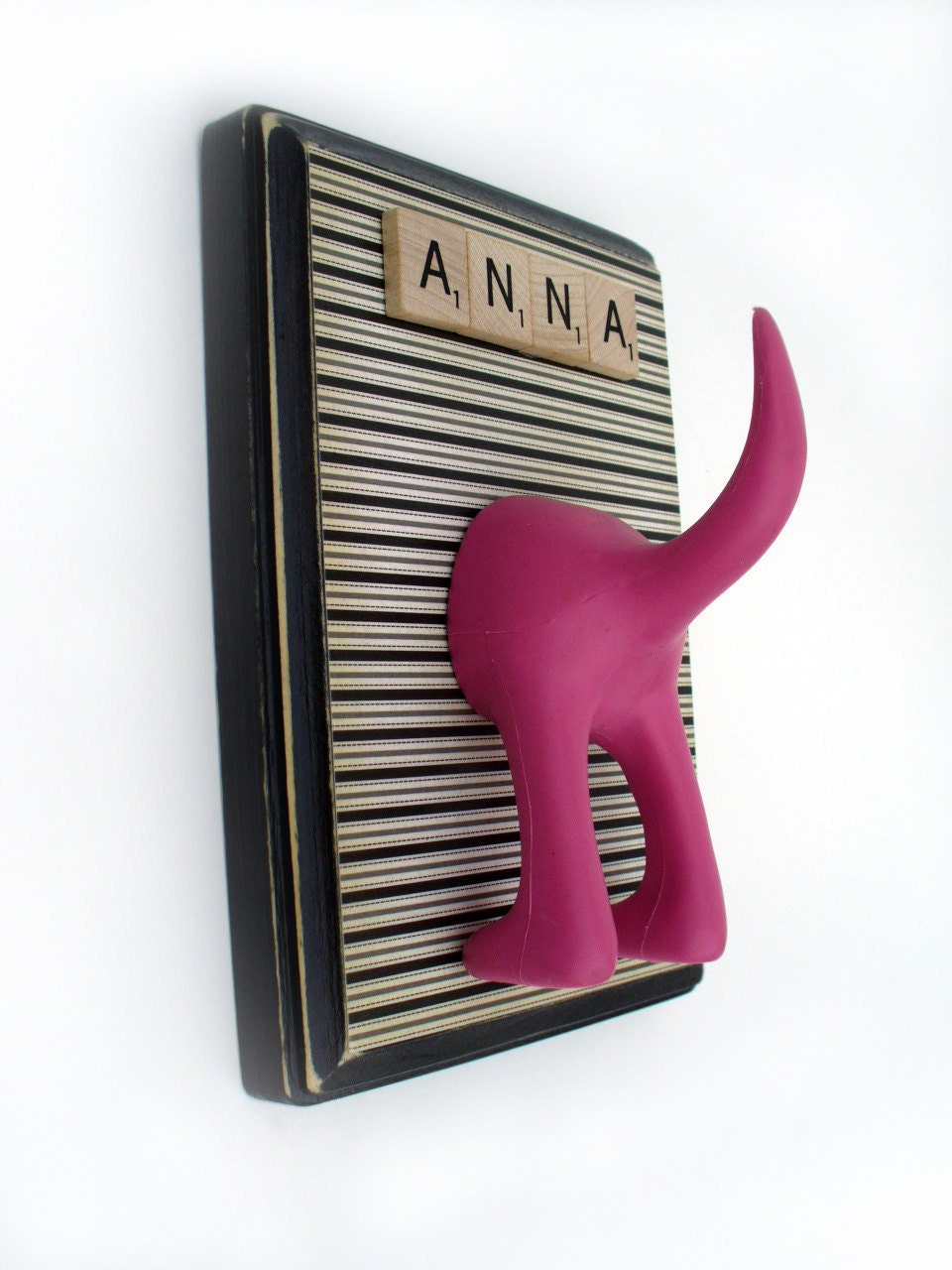 Dog Tail Leash Holder  - Cream Stripes  -  Personalize it with Optional Letter Tiles