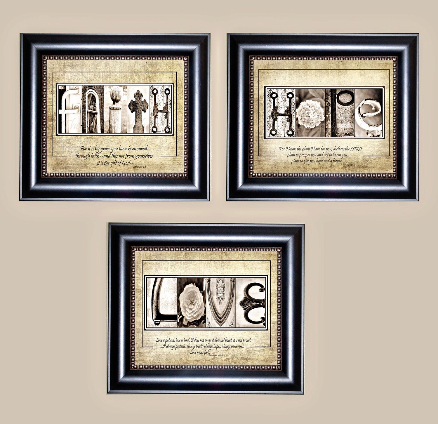 Alphabet Photo Art Set of (3) 8x10 FAITH, HOPE, LOVE original fine art prints with Scripture
