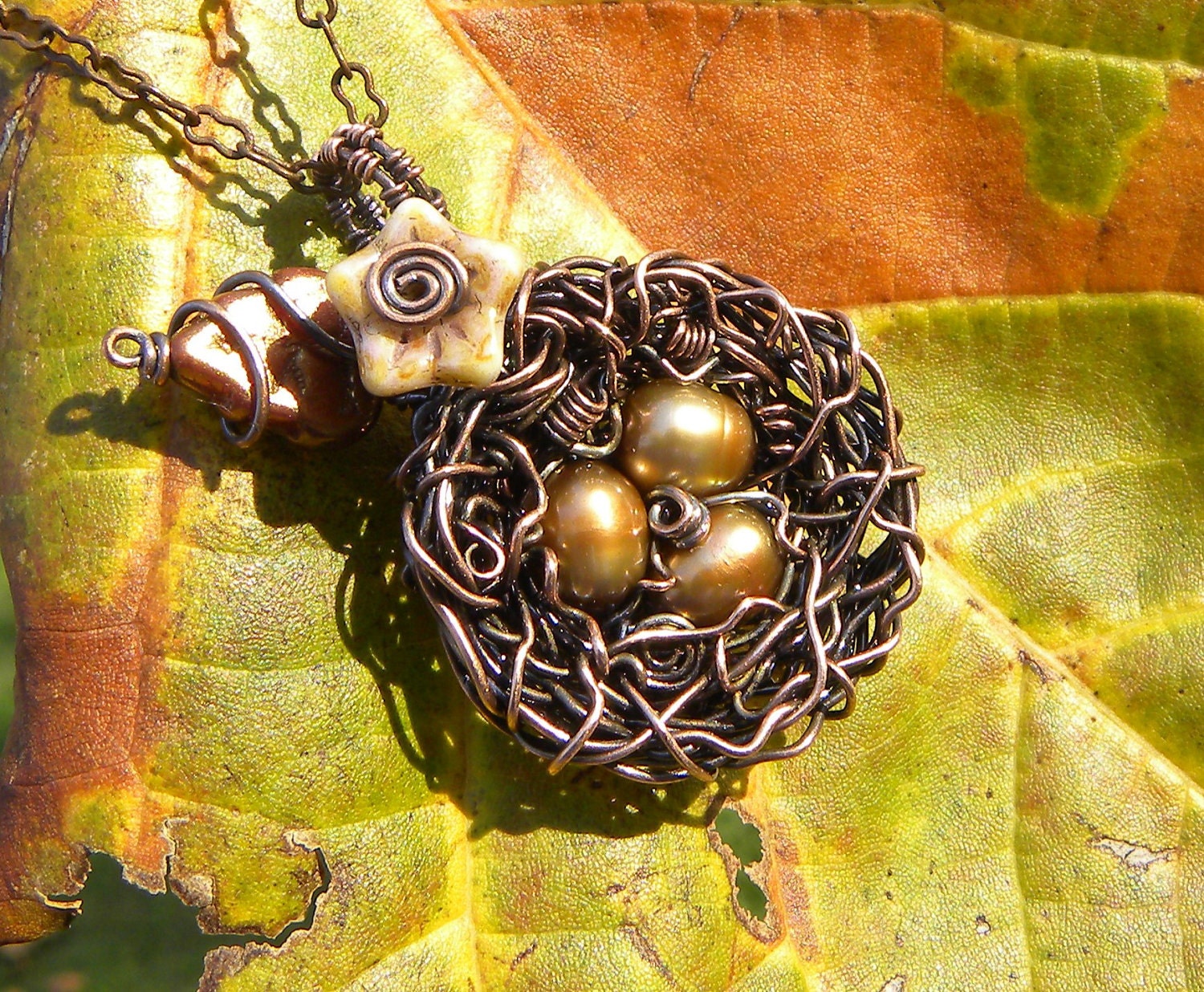 Bird Nest Pendant Necklace, Wire Wrapped, Oxidized Copper, Golden Caramel Freshwater Pearls, Flower, Leaf Accent, Chain Included