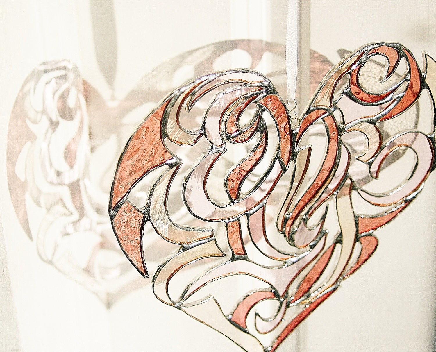 Stained Glass Heart Valentine Heart Intricate Tribal Motif - Dusky Rose Peach Pink Wedding Gift Anniversary Gift Bride Groom