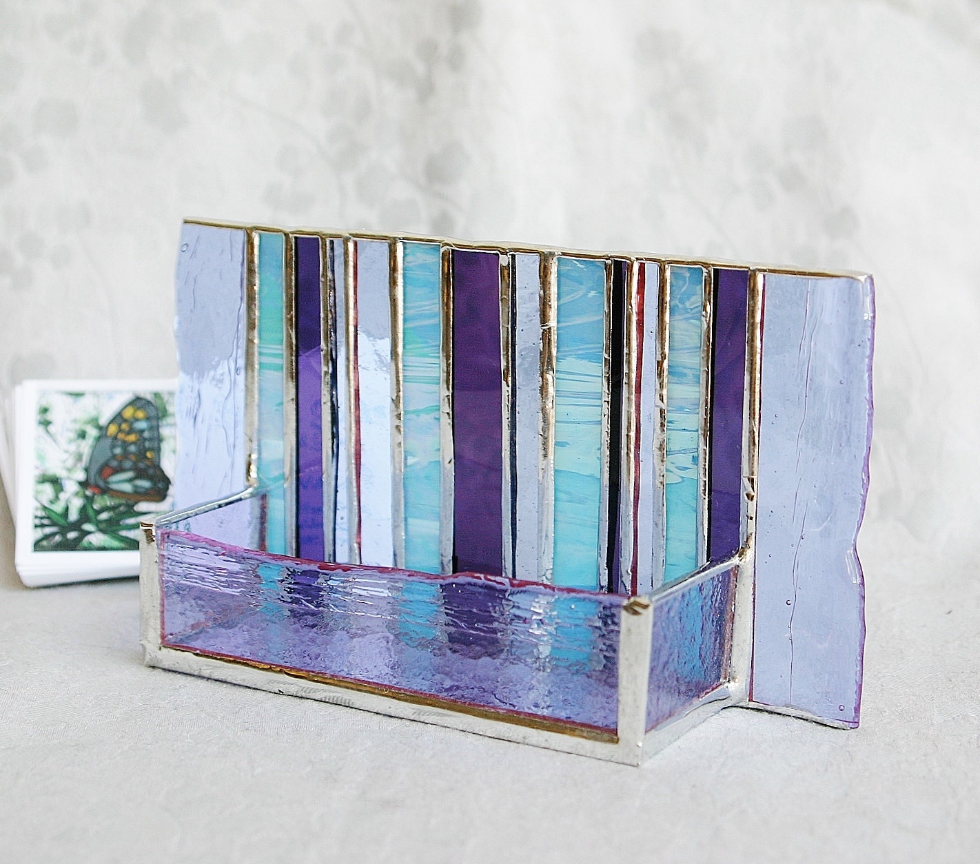 Stained Glass Business Card Holder Purple Lavender Blue Art Glass Fathers Day Office Graduation Gift Desk Accessory New Job OOAK