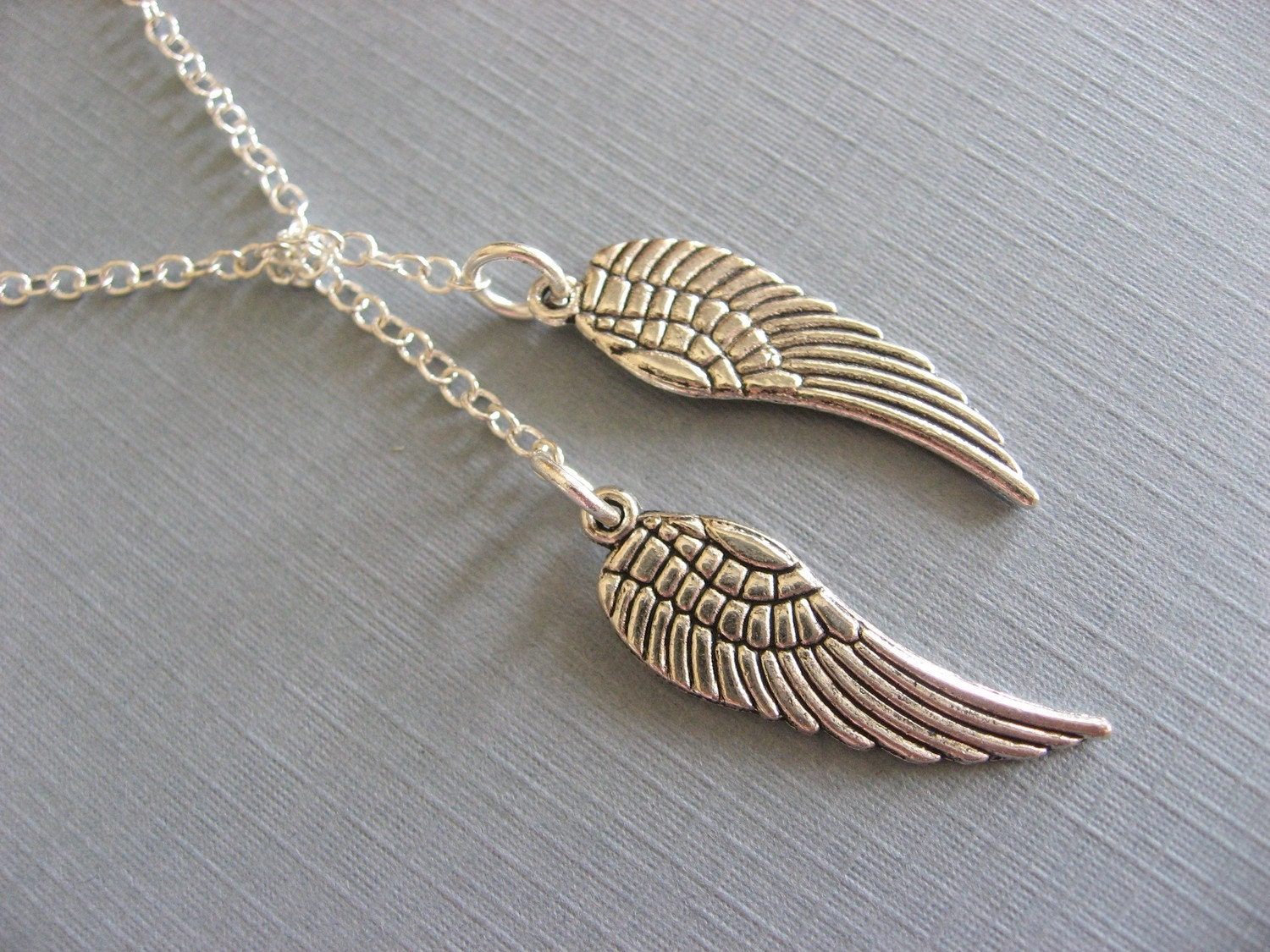 Angel Wings Necklace in antique silver, Lariat Wing Necklace