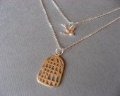 Be Free Double Strand Bird Necklace, silver bird cage necklace, sparrow