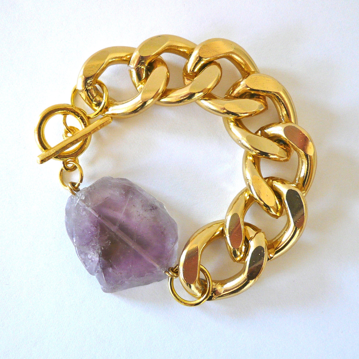 Chunky Gold Link Bracelet with Amethyst Stone