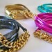 Metallic leather wrap bracelet with gold chain link