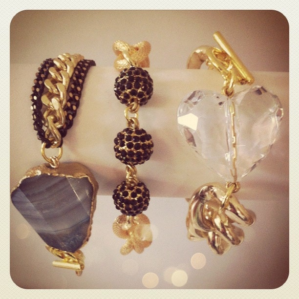 Gold Chain Link & Black Rhinestone Pave Ball Bracelet