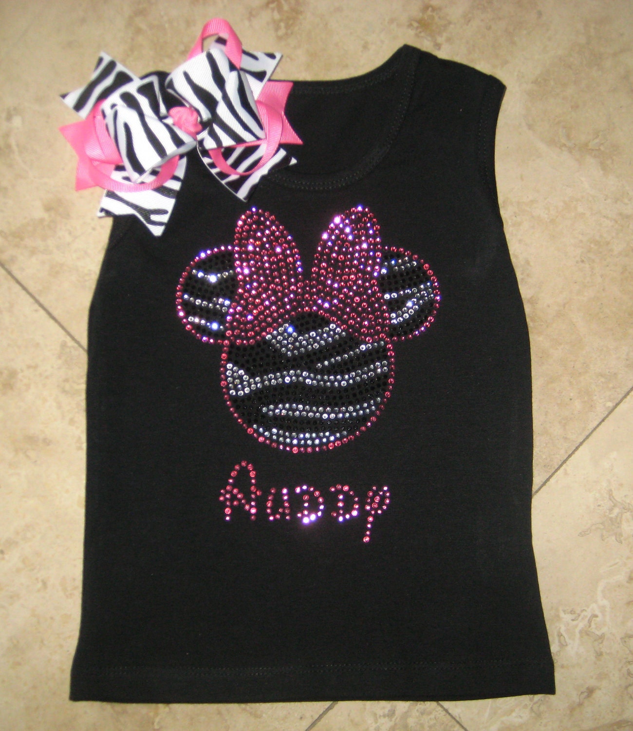 Custom Boutique Hot Pink and Black Zebra Minnie Mouse Crystal Personalized Shirt and Hair Bow