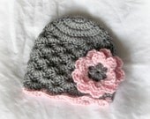 Crochet Toddler Shell Beanie 2T - 3T Heather Grey Hat and Soft Pink Double Layer Flower - MADE To Order