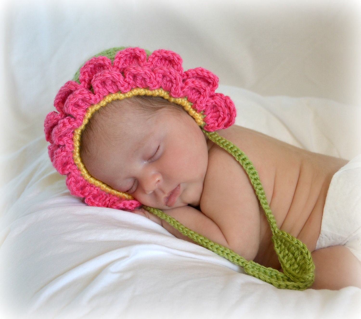 Crochet Baby Flower Petal Bonnet Newborn Hat with Leaves - MADE TO ORDER
