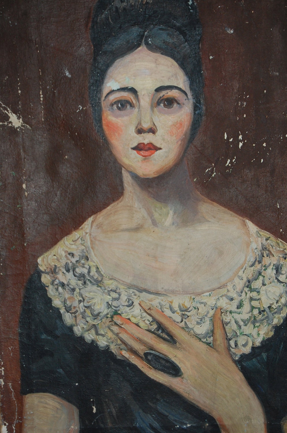 Farm frayed and fading Primitive oil Portrait of a woman