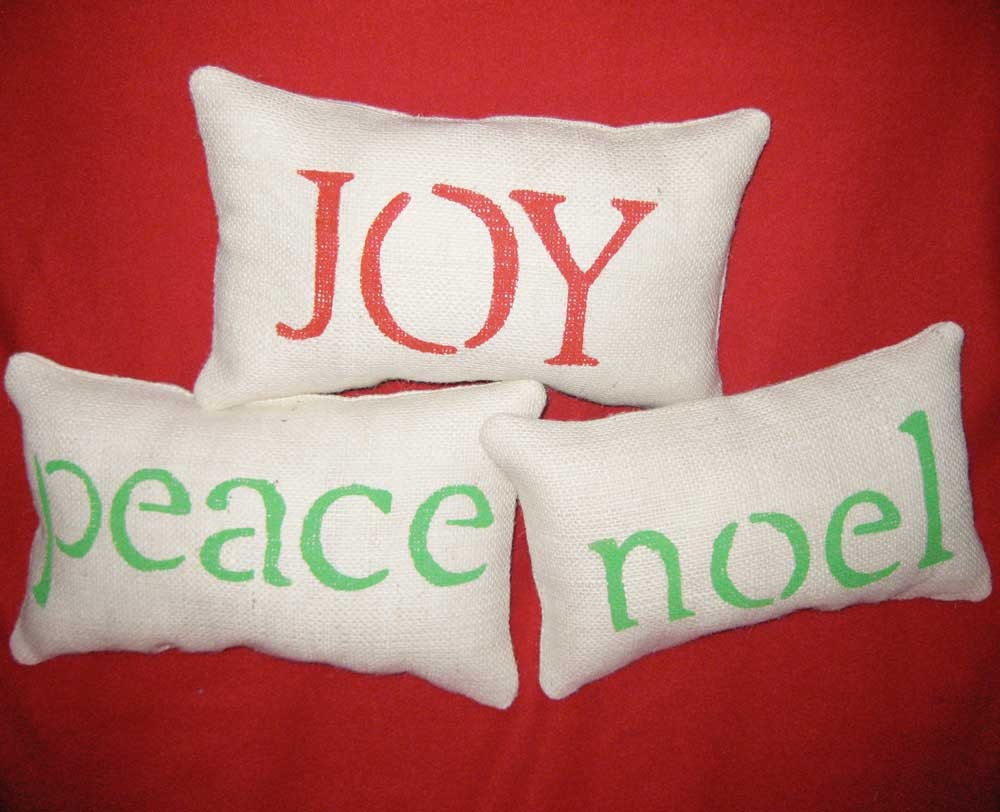 JOY PEACE NOEL Christmas Burlap Pillow 3pc on Cream Burlap - We Do Custom Pillows