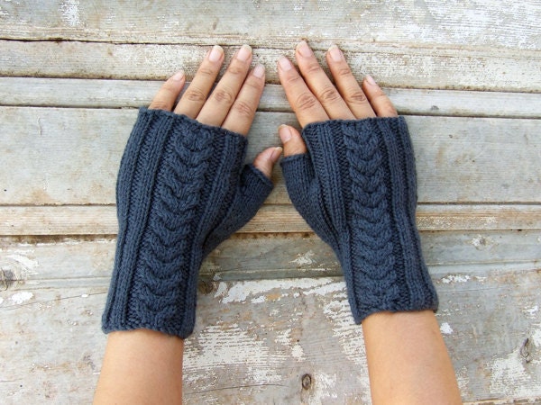 Dark Grey Cable Fingerless Mittens in 100 per cent Wool