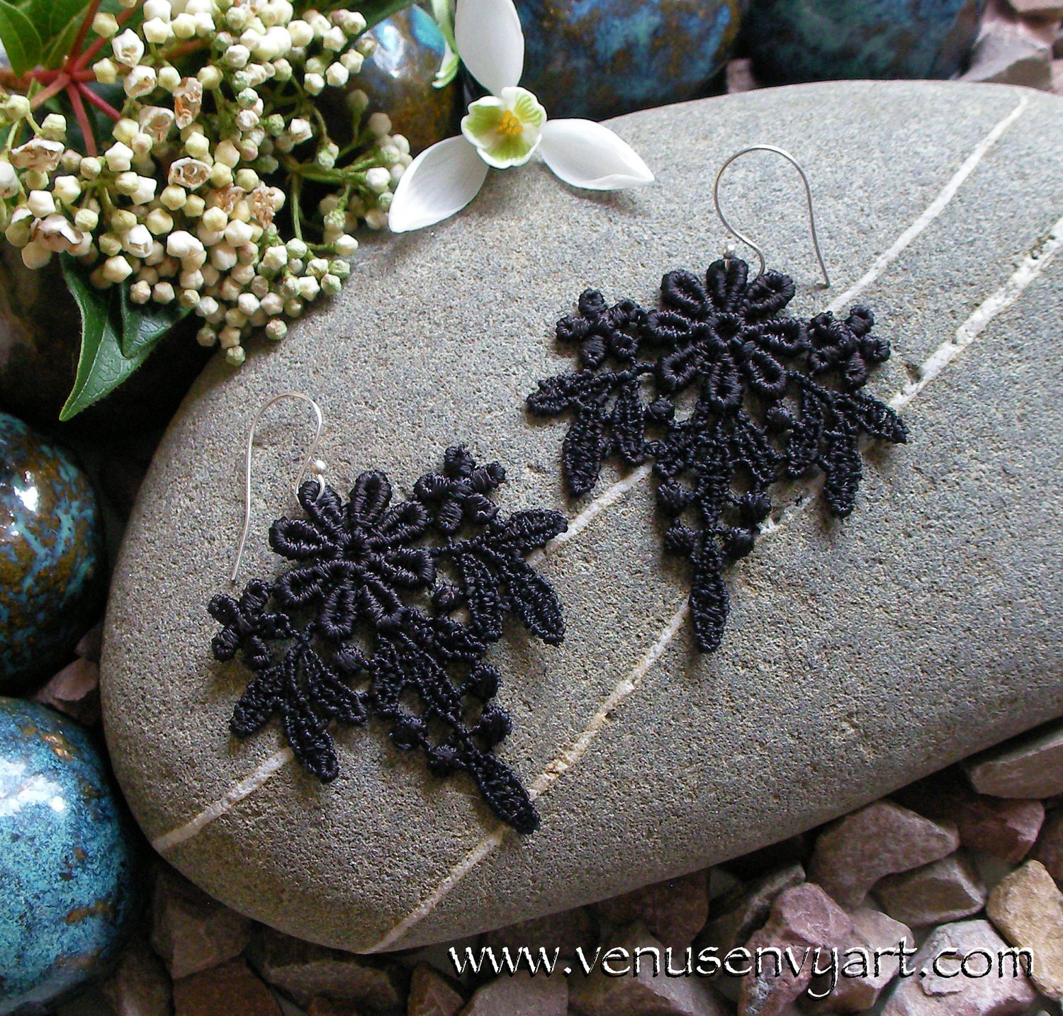Black Lace Earrings: Floral Bouquet Applique Earrings in Black/Silver Lace Jewelry