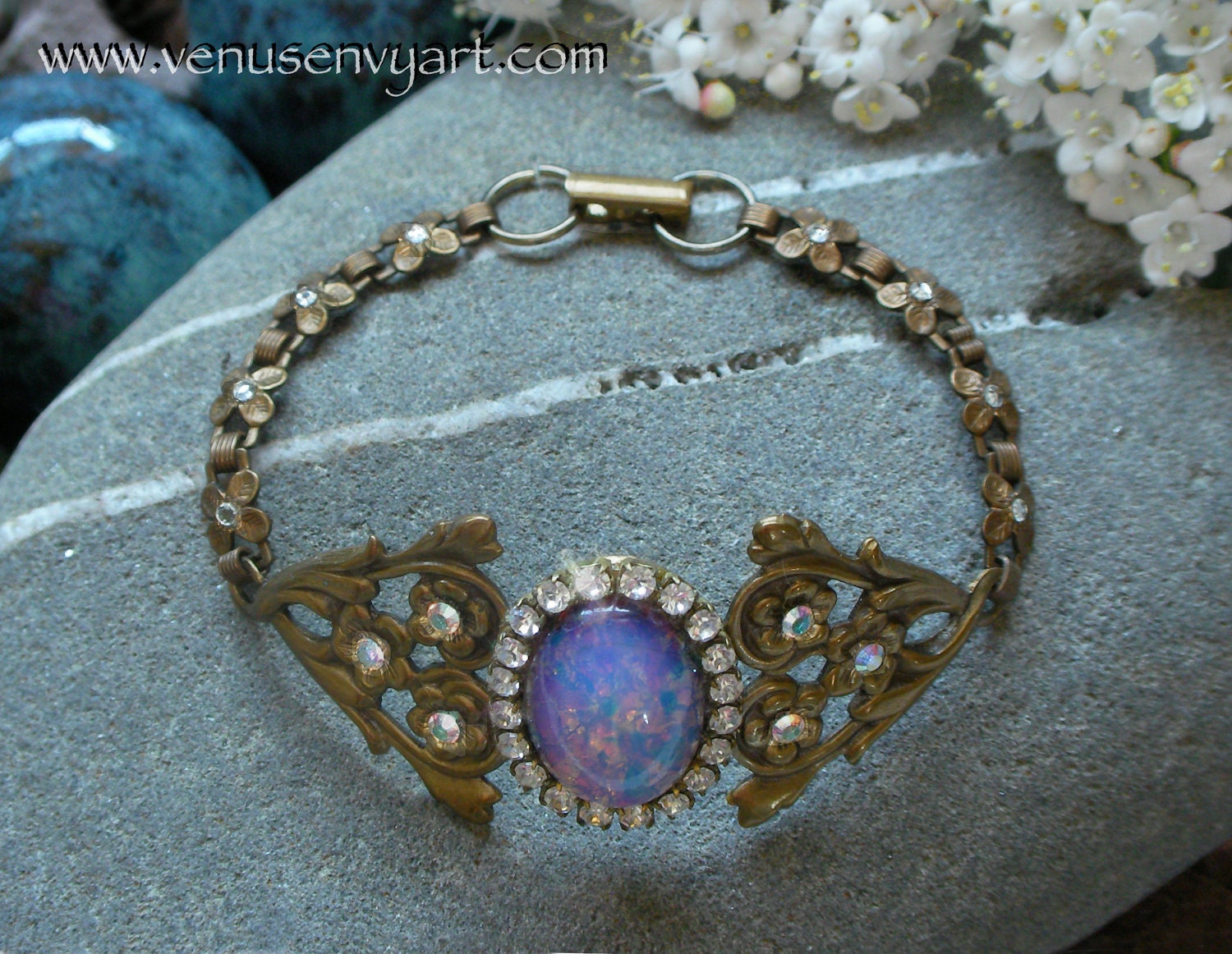 Vintage Cuff Bracelet: Opal Harlequin Glass, Brass Filigree, Floral Links & Swarovski Rhinestones - Vintage Assemblage and Repurpose