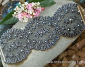 Lace & Rhinestone Bracelet - Wide Floral Scalloped Embroidered Tulle in Dark Silvery Gray and Swarovski Crystal AB
