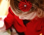 Maddie - Classic red and white polka dot fabric flower on skinny headband with rhinestone center