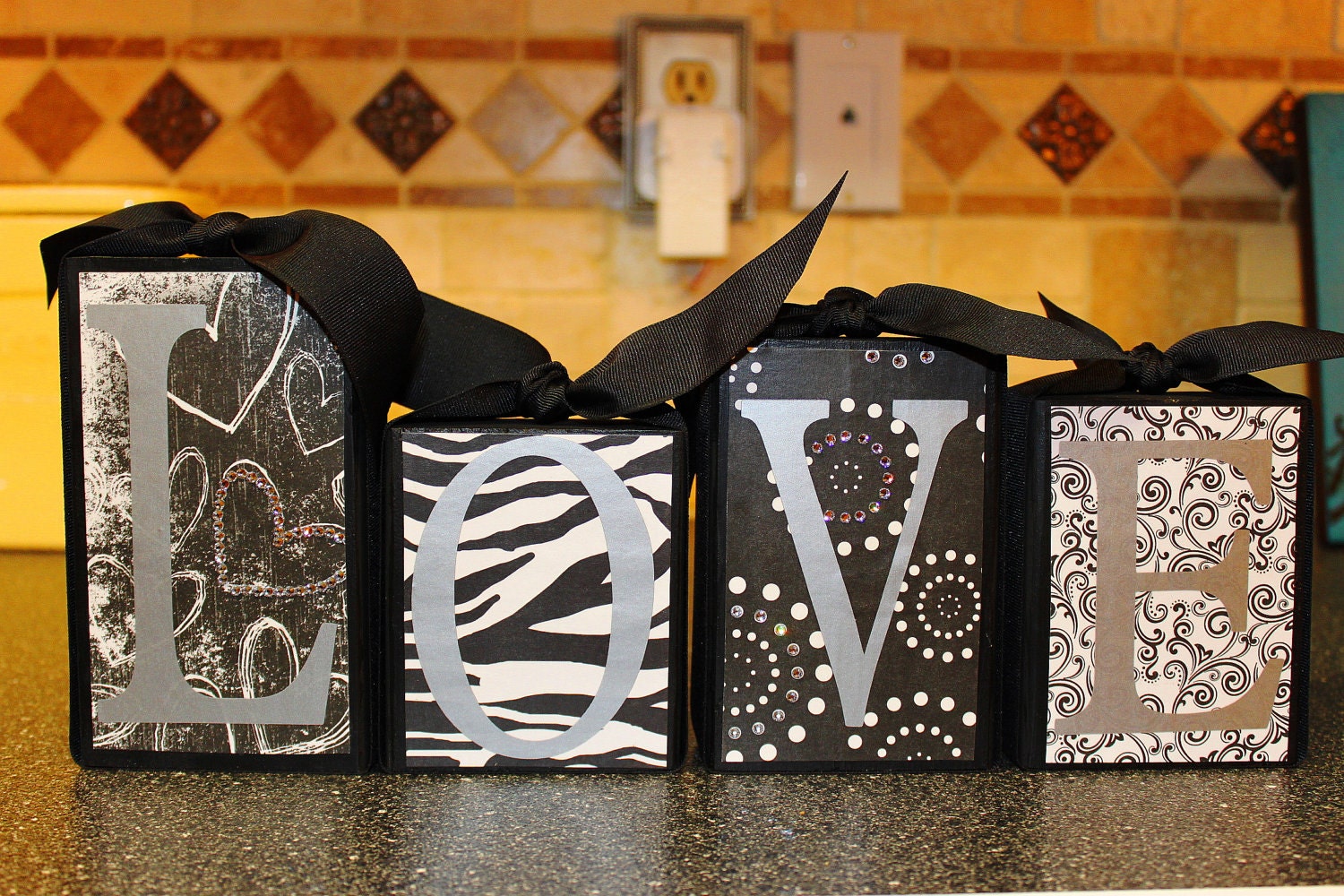 Custom home decor LOVE block set with ribbon and crystals