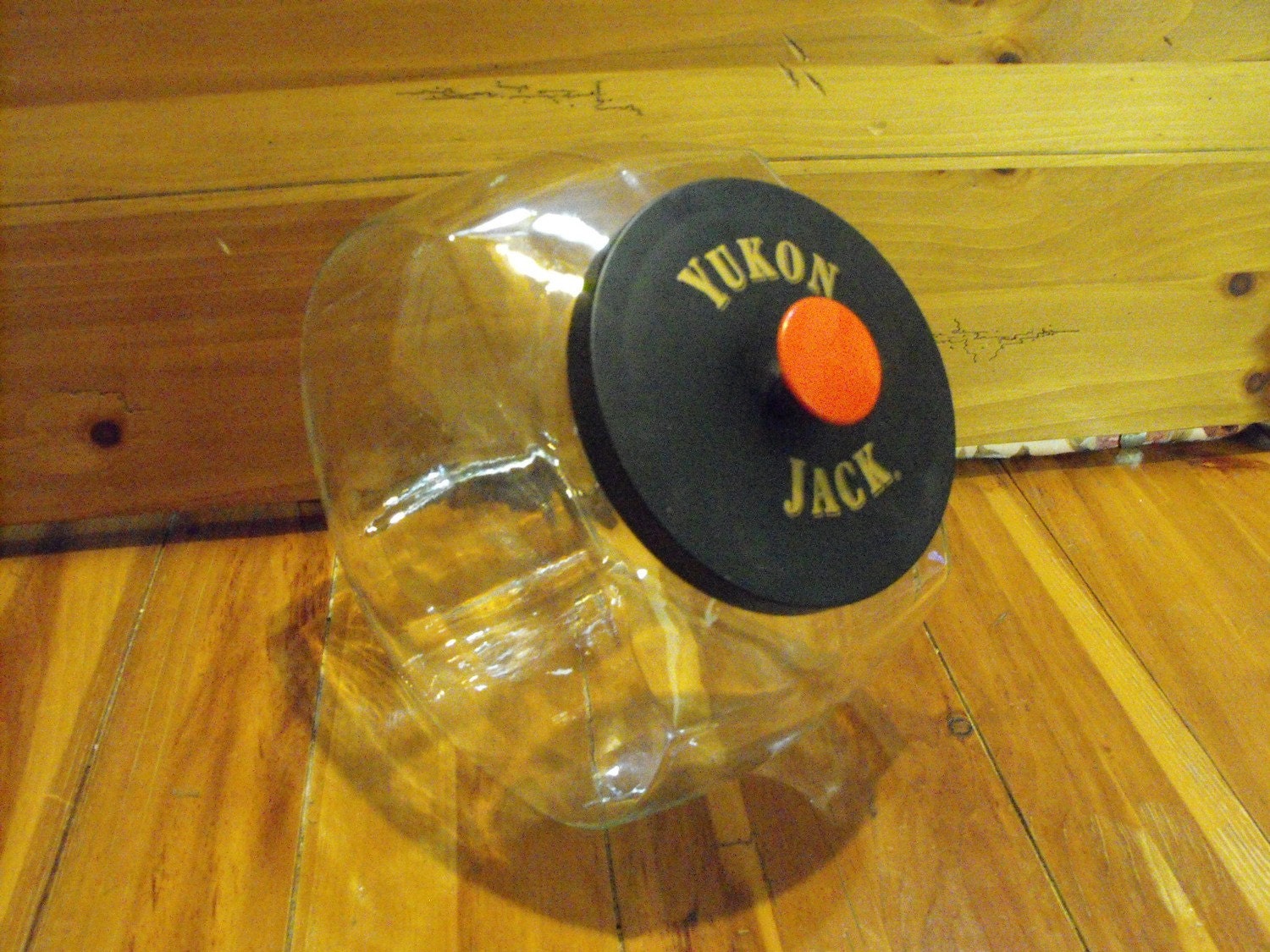 SALE Vintage Advertising Yukon Jack Old Fashioned Glass Cookie Candy Jar