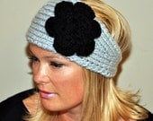 Crochet HEADBAND Ear warmer Head wrap CHOOSE COLOR  Flower Hat Warm Gray Black Grey Silver Ash Cloud Girly Romantic Gift