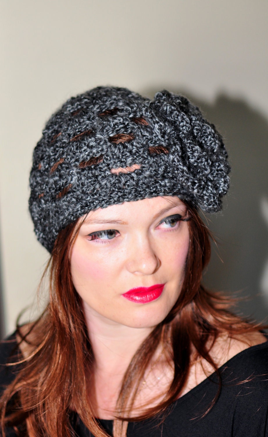Crochet Beanie Hat Adult Teen Women Gray Knit  Flower CHOOSE COLOR Trendy Cap Wood Woodland Winter Autumn Fall Fashion Gift under 50