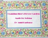 Quilt Label - Stylized Blue & Pink Flowers, Custom Made and Hand Embroidered