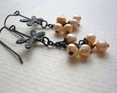 Pearl Earrings - Pink Pearl and Dragonfly - Dangle - Freshwater Pearl Cluster