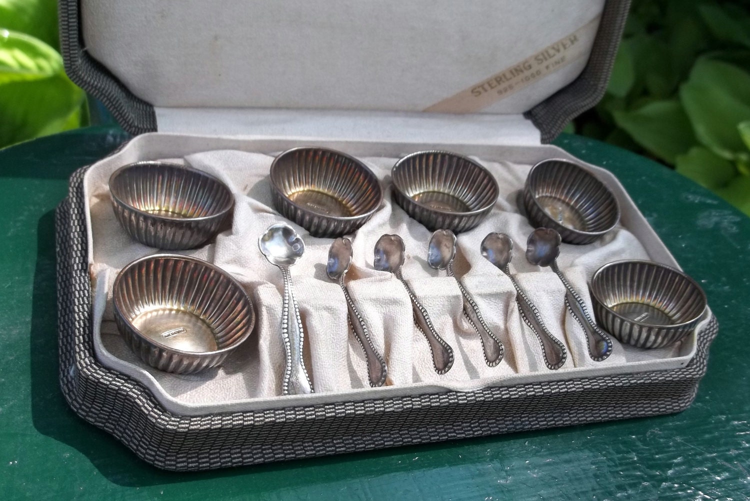 Antique Sterling Silver Salt Dips and Salt Spoons in Original Box Set of 6