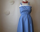 vintage 1970s sundress. cornflower blue & white polka dot pinafore chambray dress.